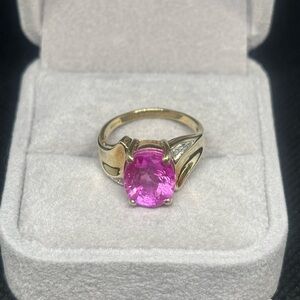 9K Yellow Gold Pink Sapphire & Diamond Ring, size 7